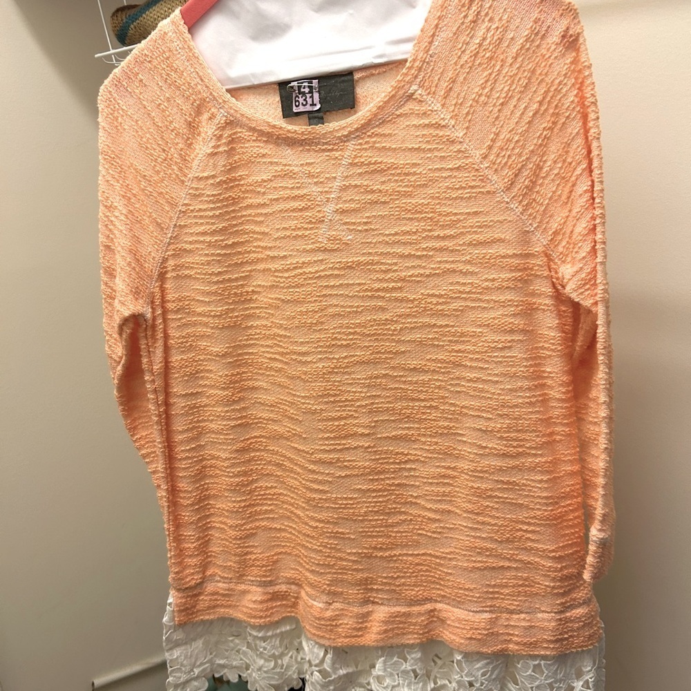 Summer in Brooklyn coral long sleeve sweater with white lace bottom